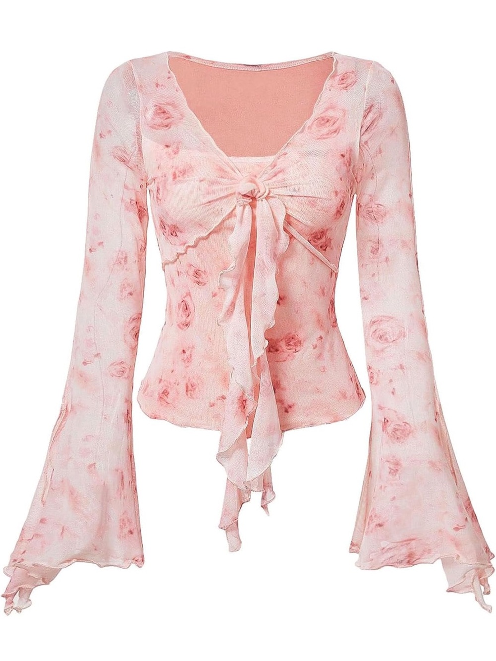Y2K Light Pink Floral Tie-Front Long Sleeve Top